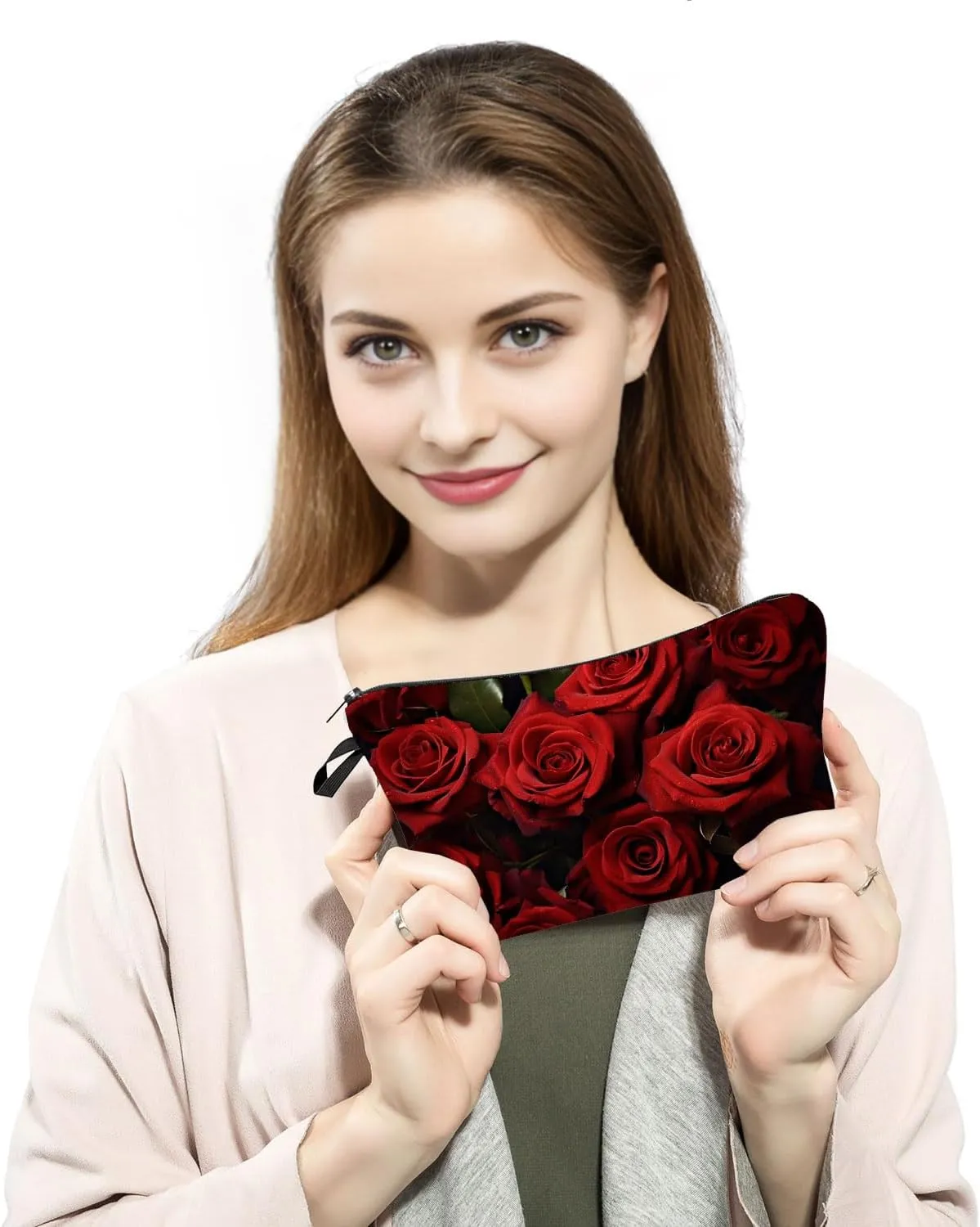 Rose Floral Cosmetic Bag Elegant Printed Makeup Organizer Romantic Travel & Daily Essentials Pouch Valentine's Gift Idea