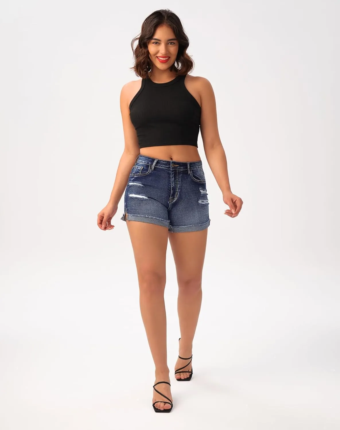 roswear Womens Casual Summer Mid Rise Ripped Stretchy Rolled Hem Denim Jean Shorts