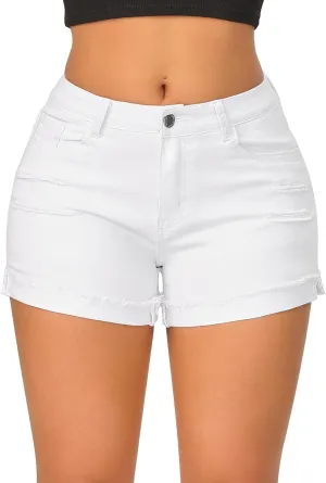 roswear Womens Casual Summer Mid Rise Ripped Stretchy Rolled Hem Denim Jean Shorts