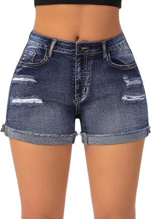 roswear Womens Casual Summer Mid Rise Ripped Stretchy Rolled Hem Denim Jean Shorts