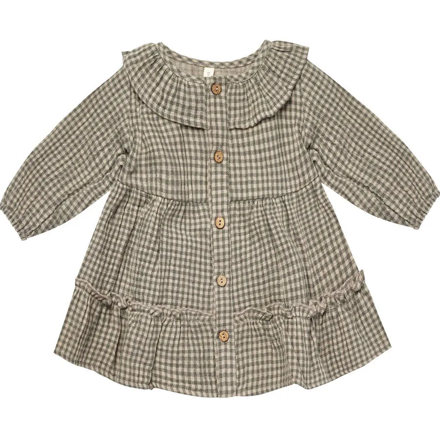 Ruffle Collar Button Dress - Forest Micro Plaid