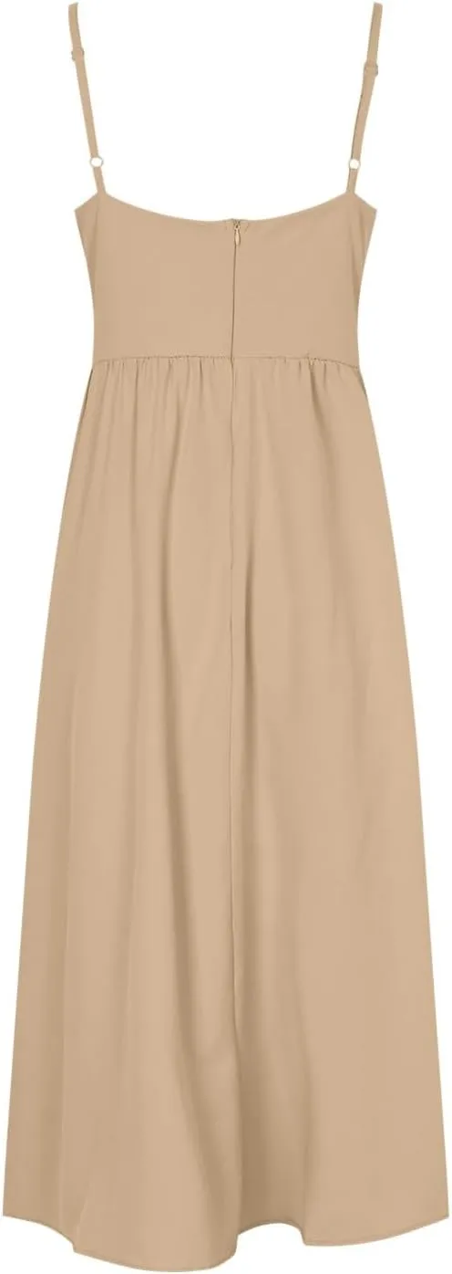 Rvidbe Summer Dresses for Women 2025 Spaghetti Strap Midi Dress Sleeveless V Neck Cutout Slit Casual Beach Party Maxi Dress
