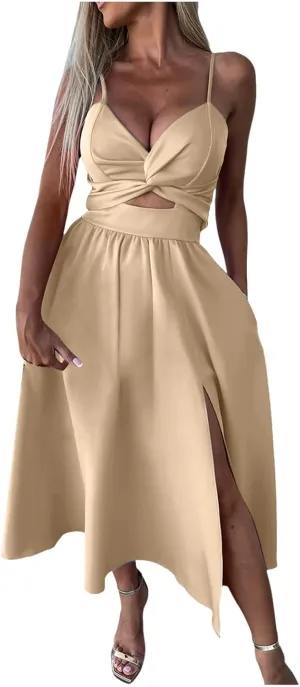 Rvidbe Summer Dresses for Women 2025 Spaghetti Strap Midi Dress Sleeveless V Neck Cutout Slit Casual Beach Party Maxi Dress