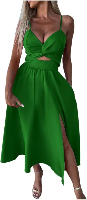 Rvidbe Summer Dresses for Women 2025 Spaghetti Strap Midi Dress Sleeveless V Neck Cutout Slit Casual Beach Party Maxi Dress
