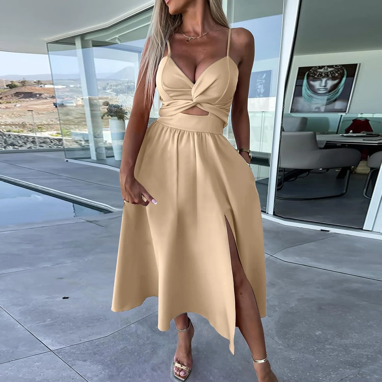 Rvidbe Summer Dresses for Women 2025 Spaghetti Strap Midi Dress Sleeveless V Neck Cutout Slit Casual Beach Party Maxi Dress