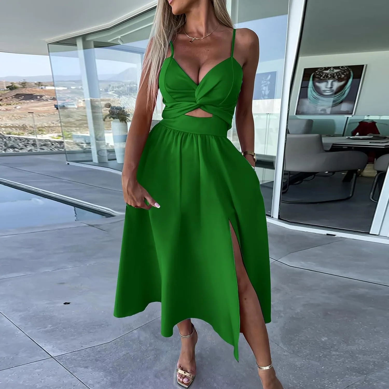 Rvidbe Summer Dresses for Women 2025 Spaghetti Strap Midi Dress Sleeveless V Neck Cutout Slit Casual Beach Party Maxi Dress