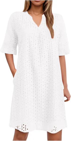 Rvidbe Women's 2025 Summer Short Sleeve Mini Dress V Neck Ruffle Hollow Out Eyelet Lace Dresses Vacation Beach Sundress