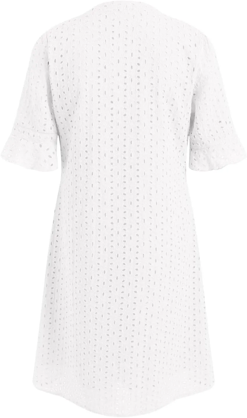 Rvidbe Women's 2025 Summer Short Sleeve Mini Dress V Neck Ruffle Hollow Out Eyelet Lace Dresses Vacation Beach Sundress