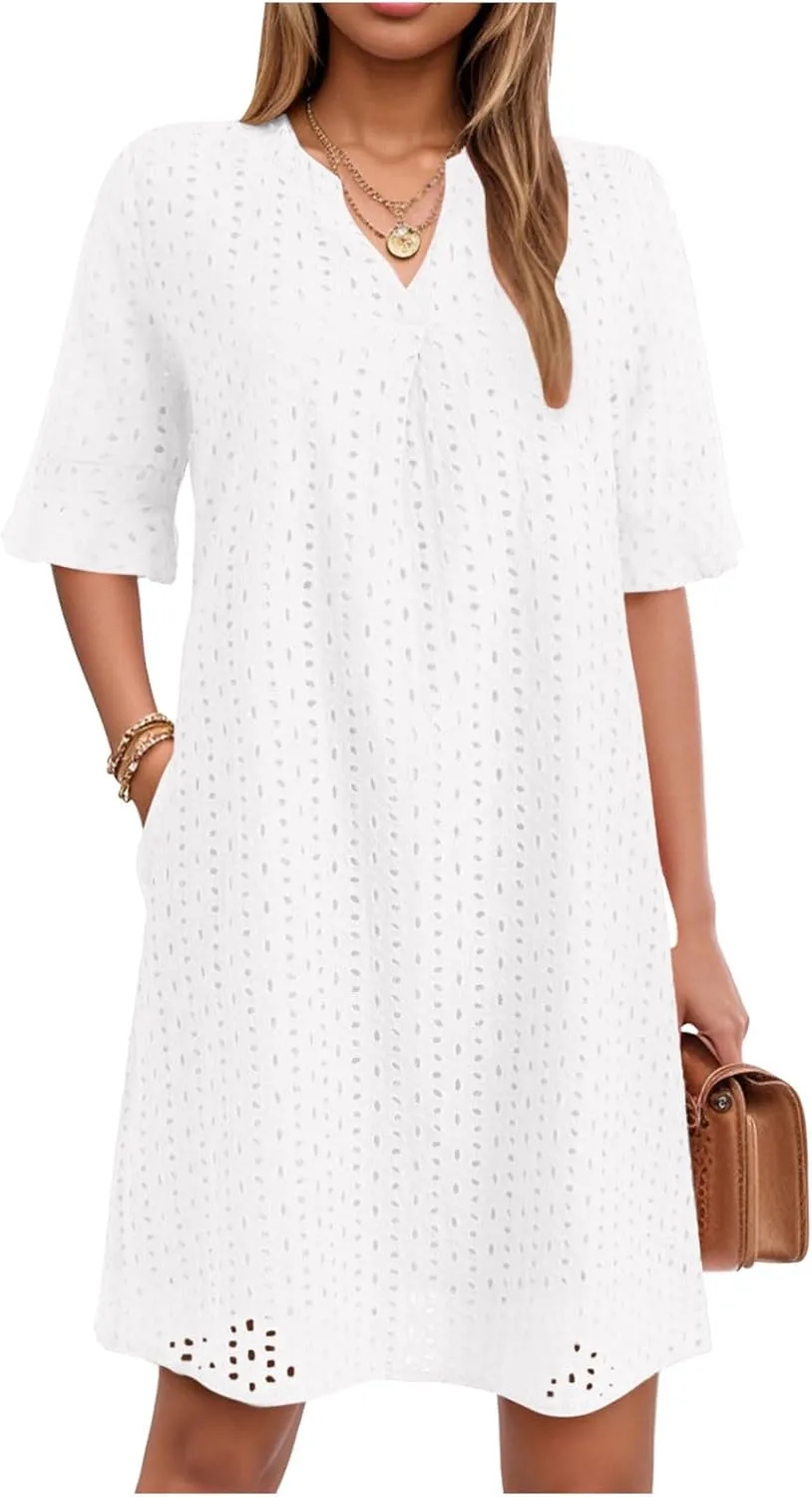 Rvidbe Women's 2025 Summer Short Sleeve Mini Dress V Neck Ruffle Hollow Out Eyelet Lace Dresses Vacation Beach Sundress