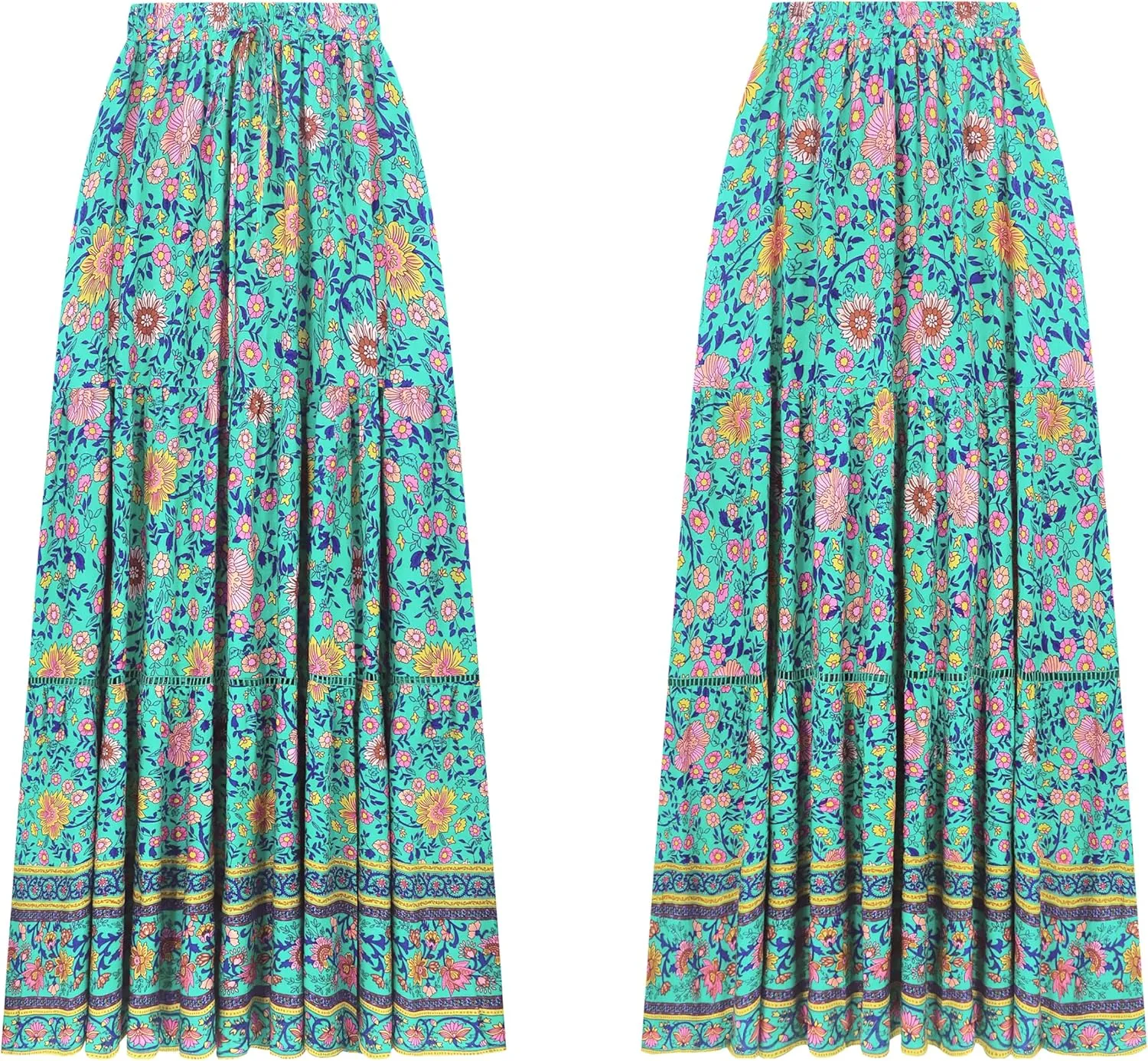 R.Vivimos Womens Summer Cotton Vintage Floral Print Boho Casual Ruffled Flowy Maxi Skirt