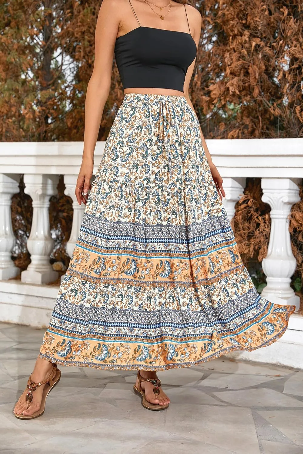 R.Vivimos Womens Summer Cotton Vintage Floral Print Boho Casual Ruffled Flowy Maxi Skirt