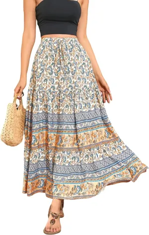 R.Vivimos Womens Summer Cotton Vintage Floral Print Boho Casual Ruffled Flowy Maxi Skirt