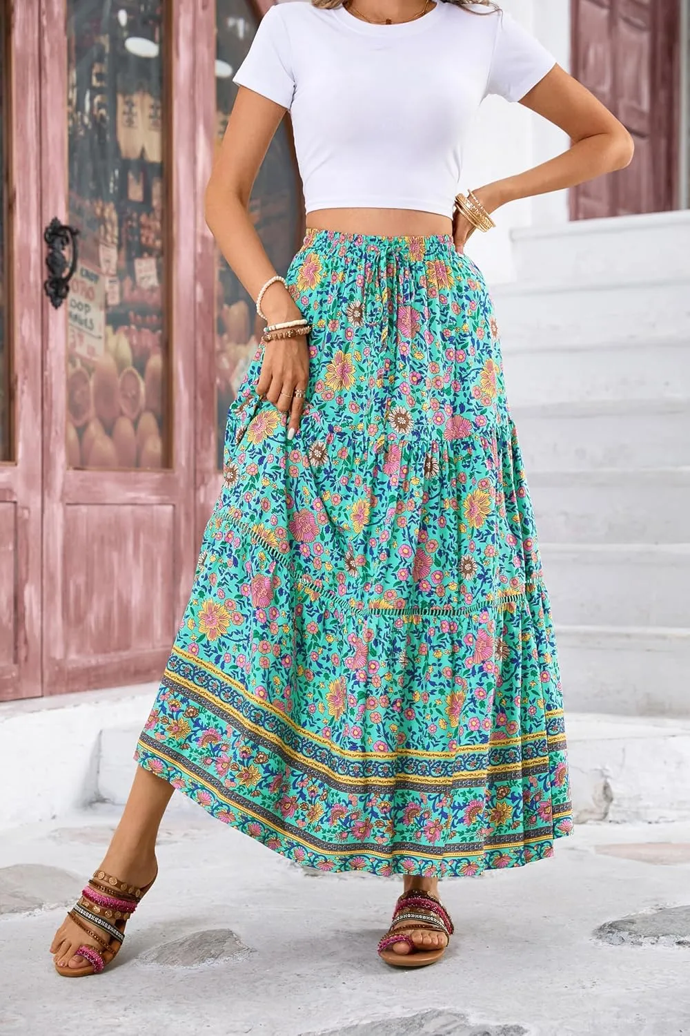 R.Vivimos Womens Summer Cotton Vintage Floral Print Boho Casual Ruffled Flowy Maxi Skirt