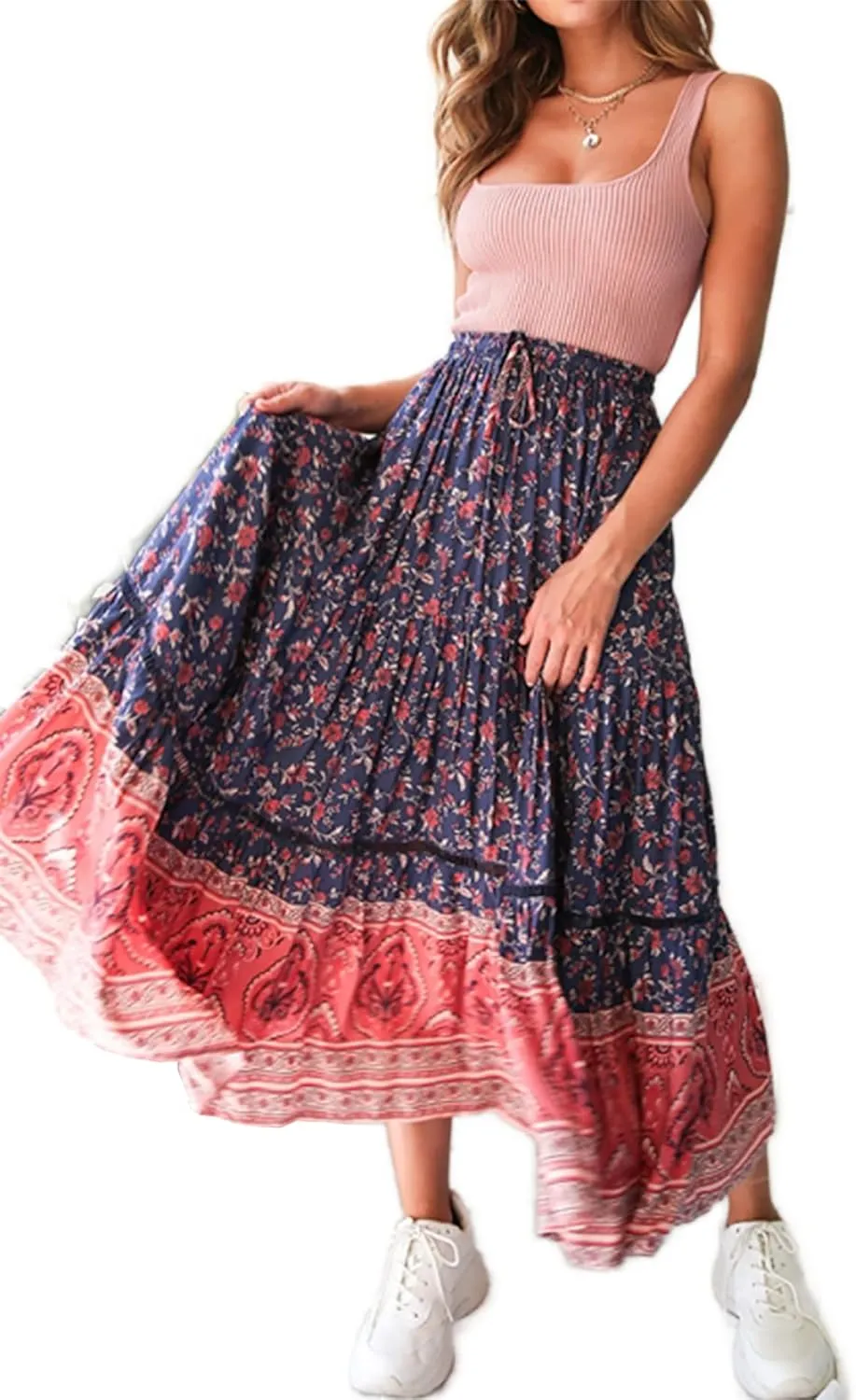 R.Vivimos Womens Summer Cotton Vintage Floral Print Boho Casual Ruffled Flowy Maxi Skirt