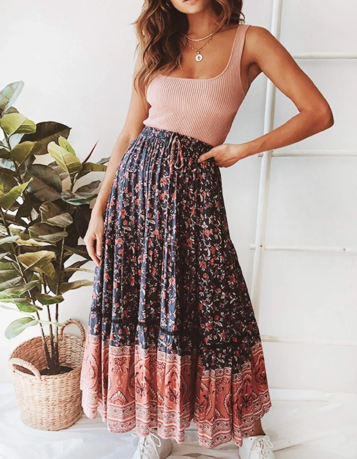 R.Vivimos Womens Summer Cotton Vintage Floral Print Boho Casual Ruffled Flowy Maxi Skirt