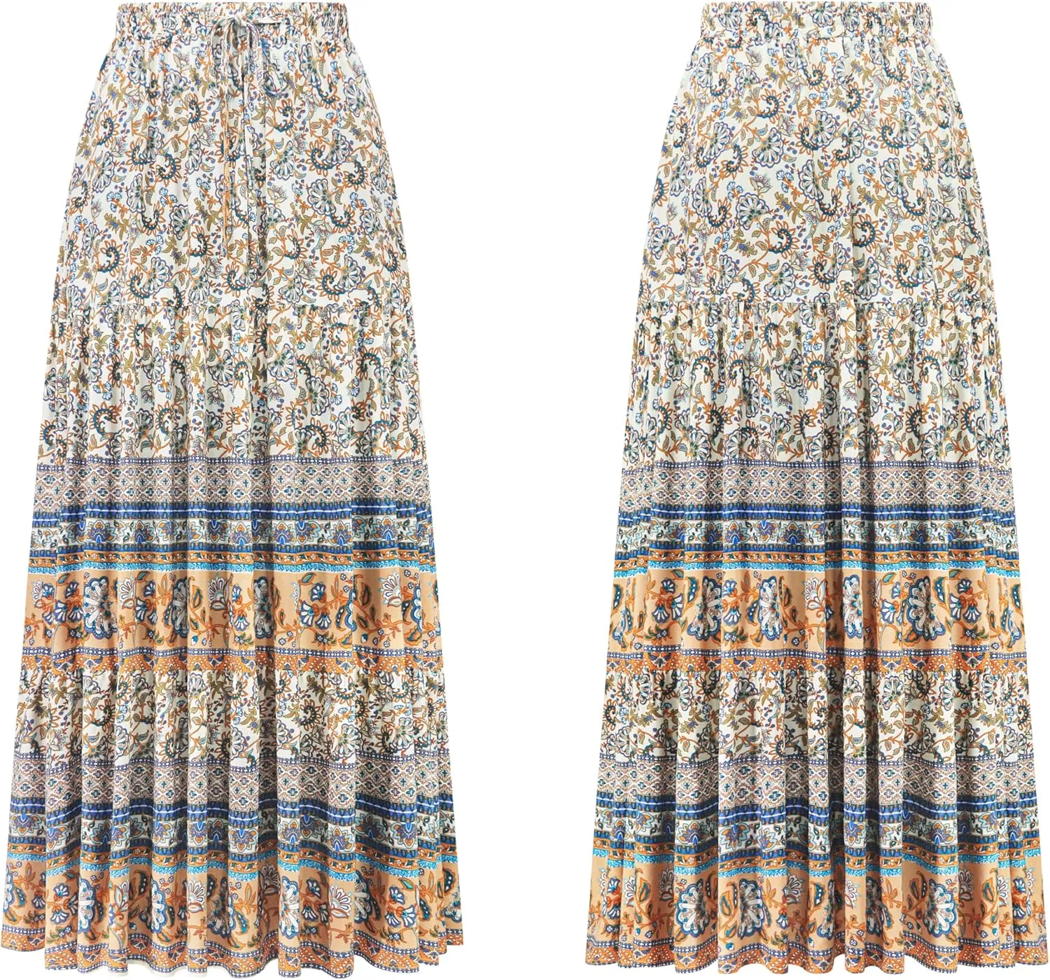 R.Vivimos Womens Summer Cotton Vintage Floral Print Boho Casual Ruffled Flowy Maxi Skirt