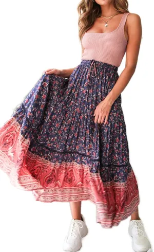 R.Vivimos Womens Summer Cotton Vintage Floral Print Boho Casual Ruffled Flowy Maxi Skirt