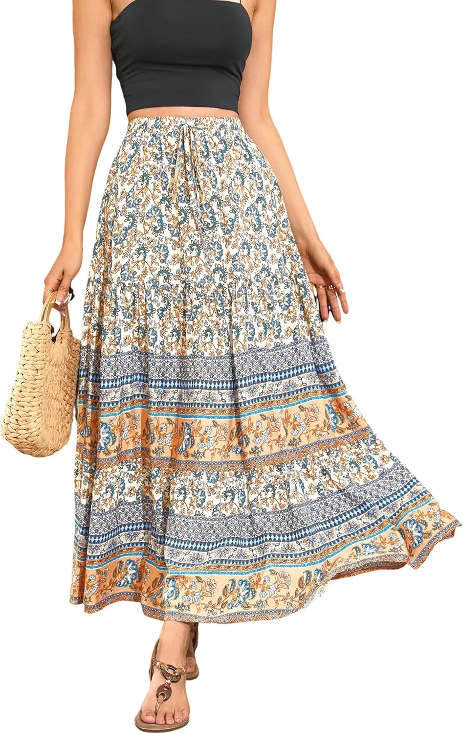 R.Vivimos Womens Summer Cotton Vintage Floral Print Boho Casual Ruffled Flowy Maxi Skirt