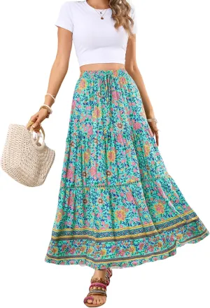 R.Vivimos Womens Summer Cotton Vintage Floral Print Boho Casual Ruffled Flowy Maxi Skirt