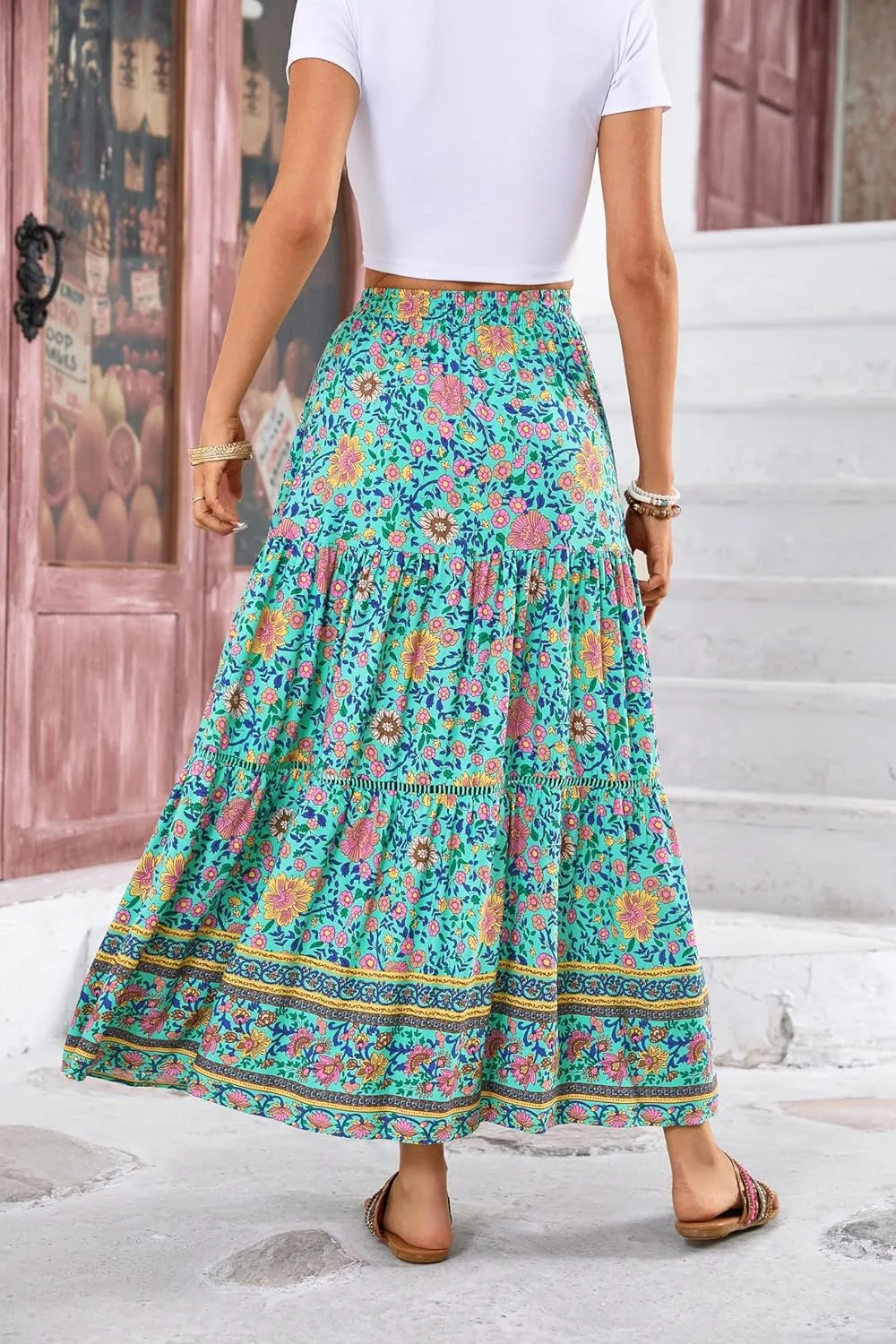 R.Vivimos Womens Summer Cotton Vintage Floral Print Boho Casual Ruffled Flowy Maxi Skirt