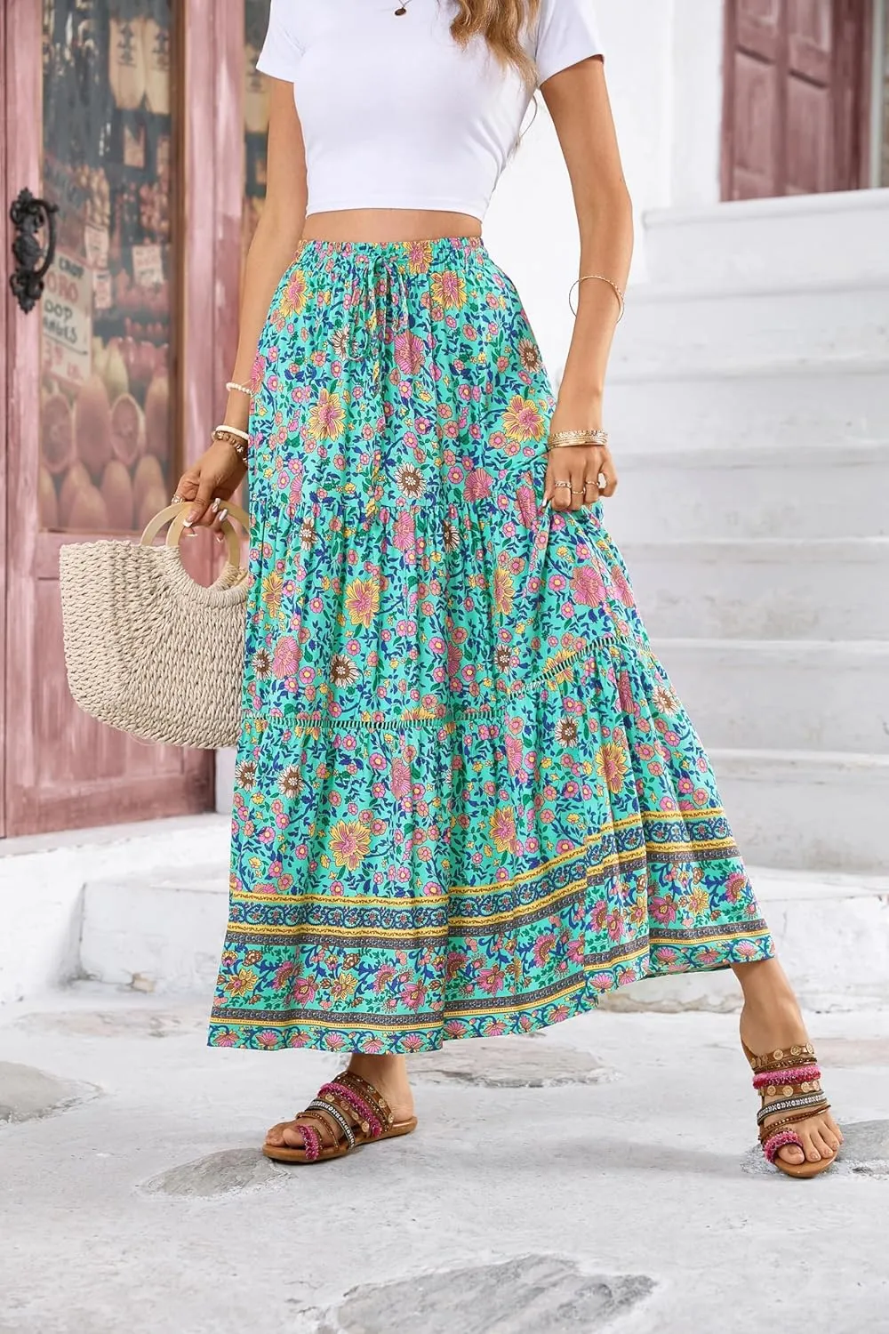 R.Vivimos Womens Summer Cotton Vintage Floral Print Boho Casual Ruffled Flowy Maxi Skirt