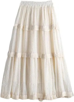 Sequins Pleated Tulle Midi Skirts Women A-Line Spring Elastic Waist High Waist Mesh Skirts