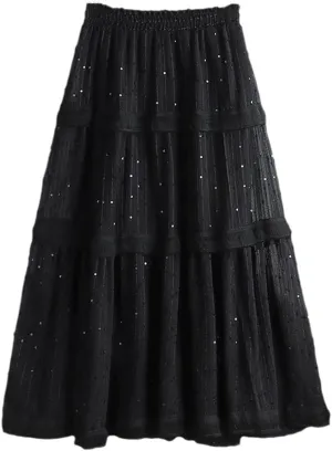 Sequins Pleated Tulle Midi Skirts Women A-Line Spring Elastic Waist High Waist Mesh Skirts
