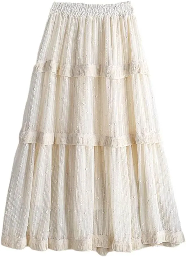 Sequins Pleated Tulle Midi Skirts Women A-Line Spring Elastic Waist High Waist Mesh Skirts