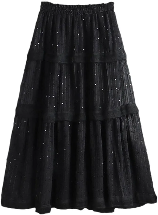 Sequins Pleated Tulle Midi Skirts Women A-Line Spring Elastic Waist High Waist Mesh Skirts