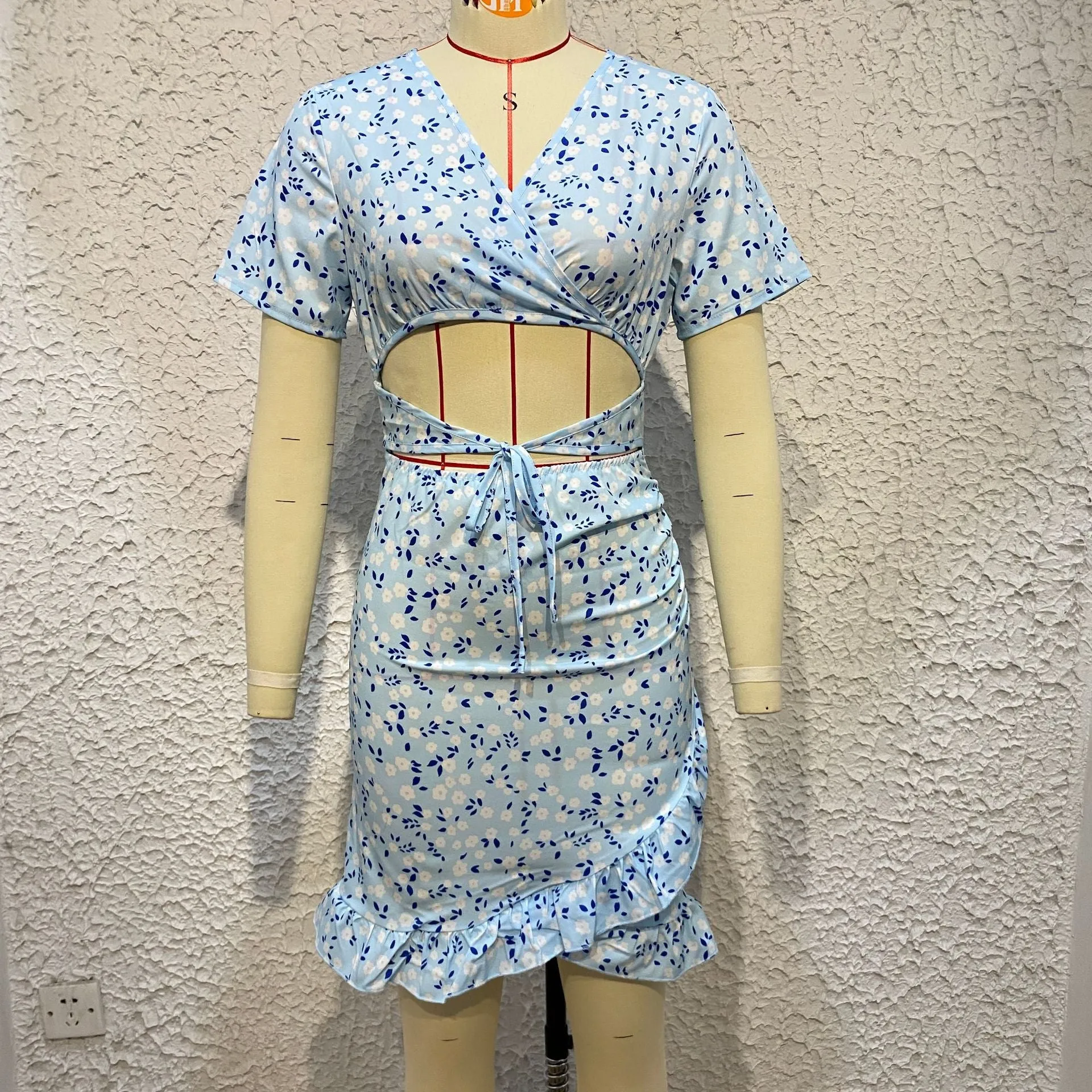 Sexy Crossed Printed Short Sleeve Dress