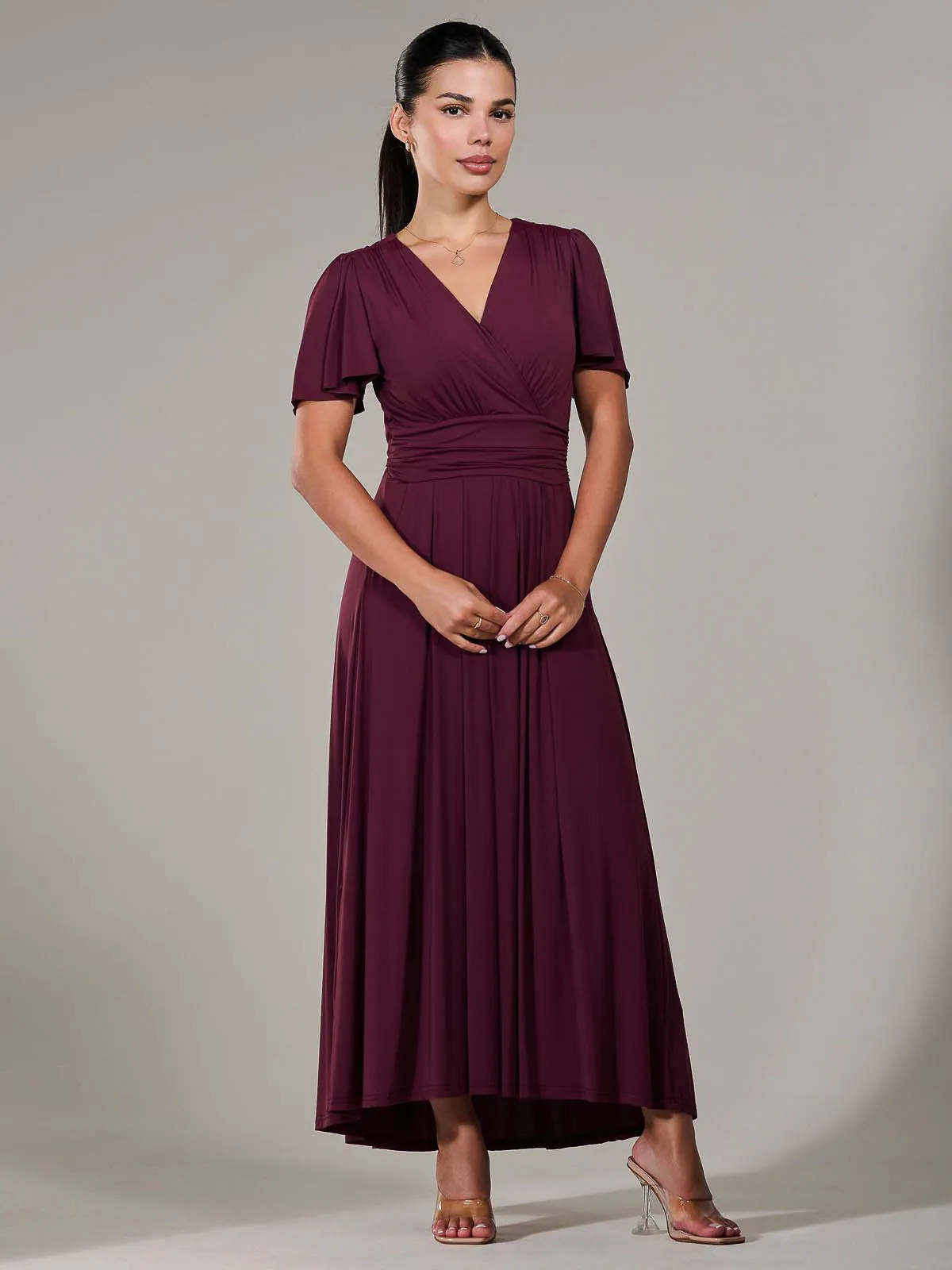 Short Sleeve Soft Silky Jersey Maxi Dress, Burgundy