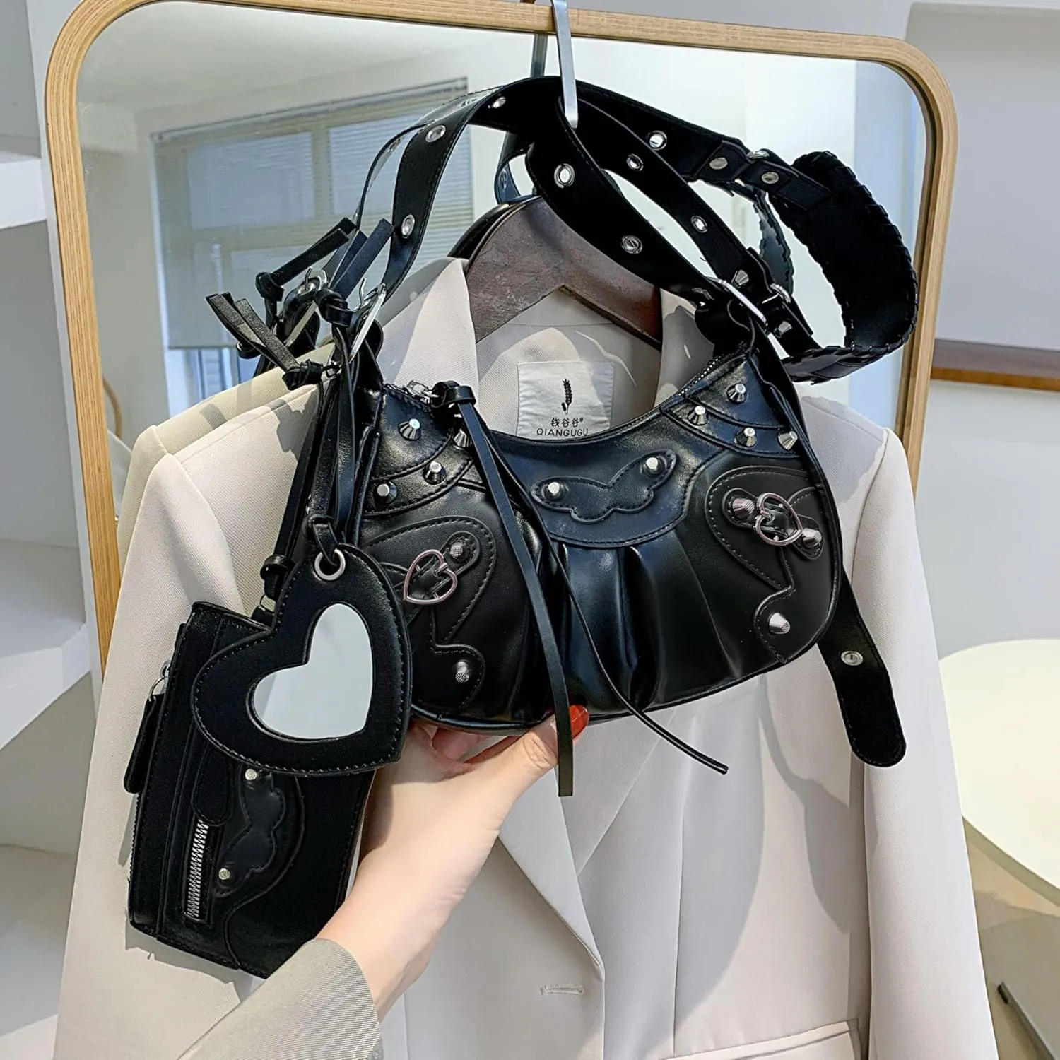 Shoulder Bag for Women, Leather Hobo Bag, Punk Style Y2k Crossbody Purse with Rivet