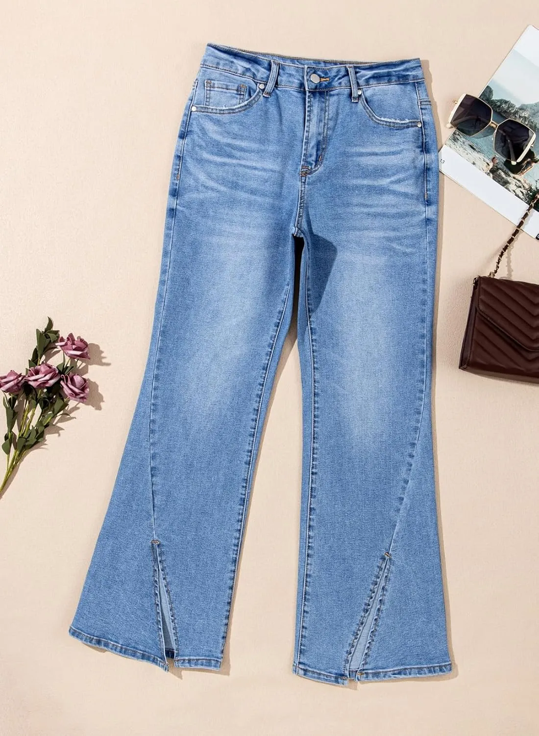 Sidefeel Womens Jeans High Waisted Stretchy Zimbaplatinum Wide Leg Jeans Trendy Slit Hem Bell Bottom Flare Denim Pants