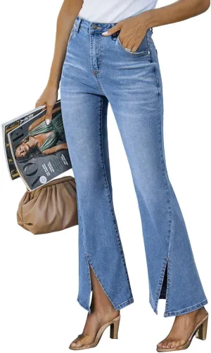 Sidefeel Womens Jeans High Waisted Stretchy Zimbaplatinum Wide Leg Jeans Trendy Slit Hem Bell Bottom Flare Denim Pants