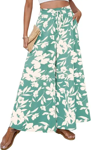SimpleFun Women's Palazzo Pants Boho Floral Wide Leg Trousers Summer Beach High Waisted Flowy Pants with Pockets