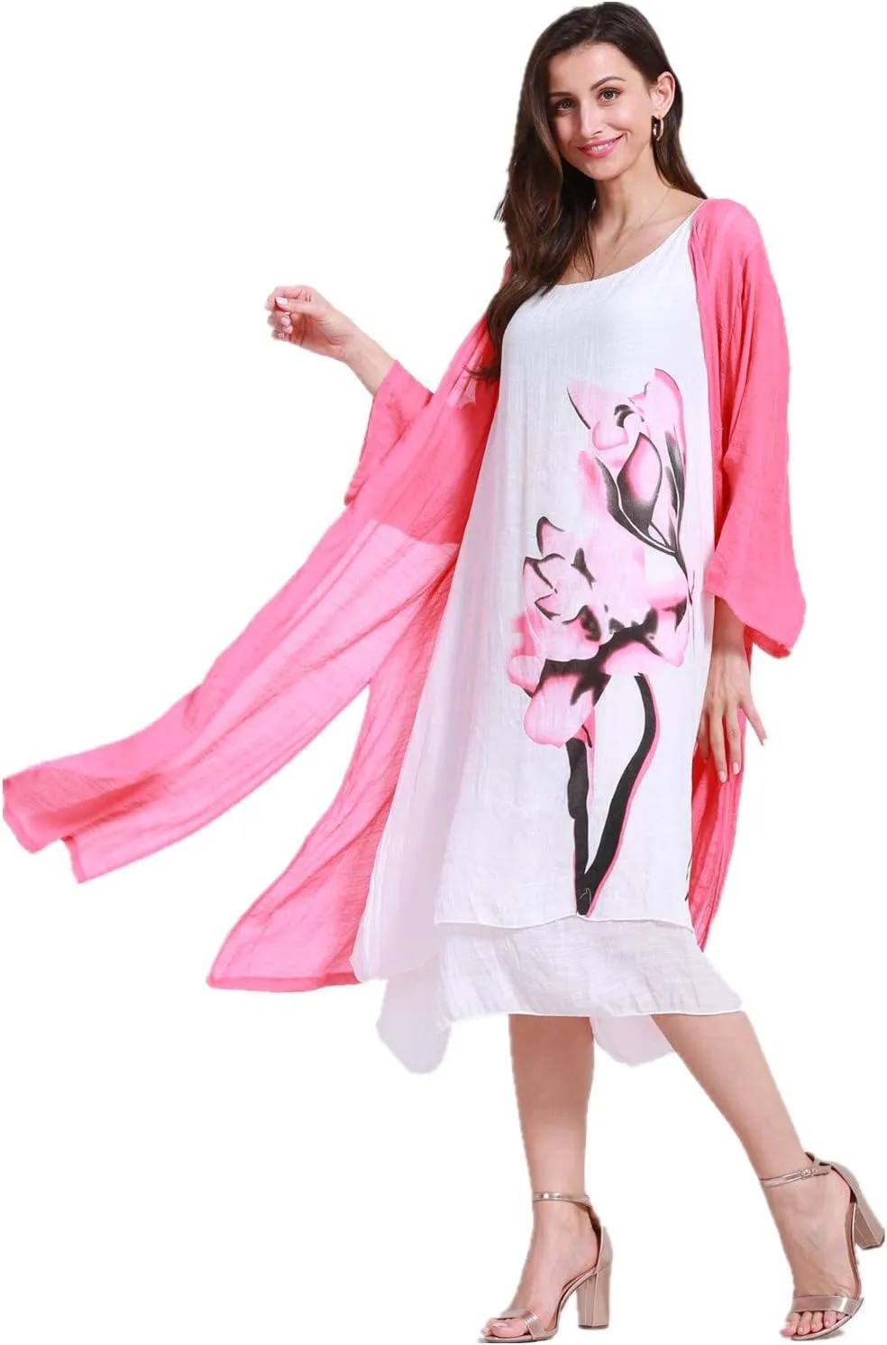 SIMPLY COUTURE Women's Double-Tier Loose Summer Floral Tank Dress Cardigan