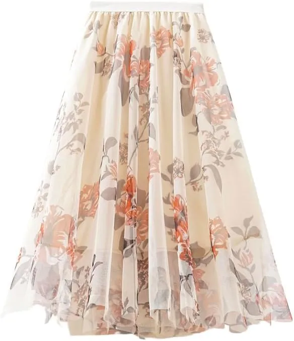 Skirt for Women 2023 Vintage Elegant Floral Tulle Skirt Womens High Waist Pleated Skirts Tutu Skirt Midi Mesh Skirts