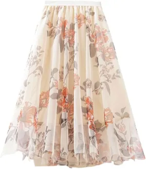 Skirt for Women 2023 Vintage Elegant Floral Tulle Skirt Womens High Waist Pleated Skirts Tutu Skirt Midi Mesh Skirts