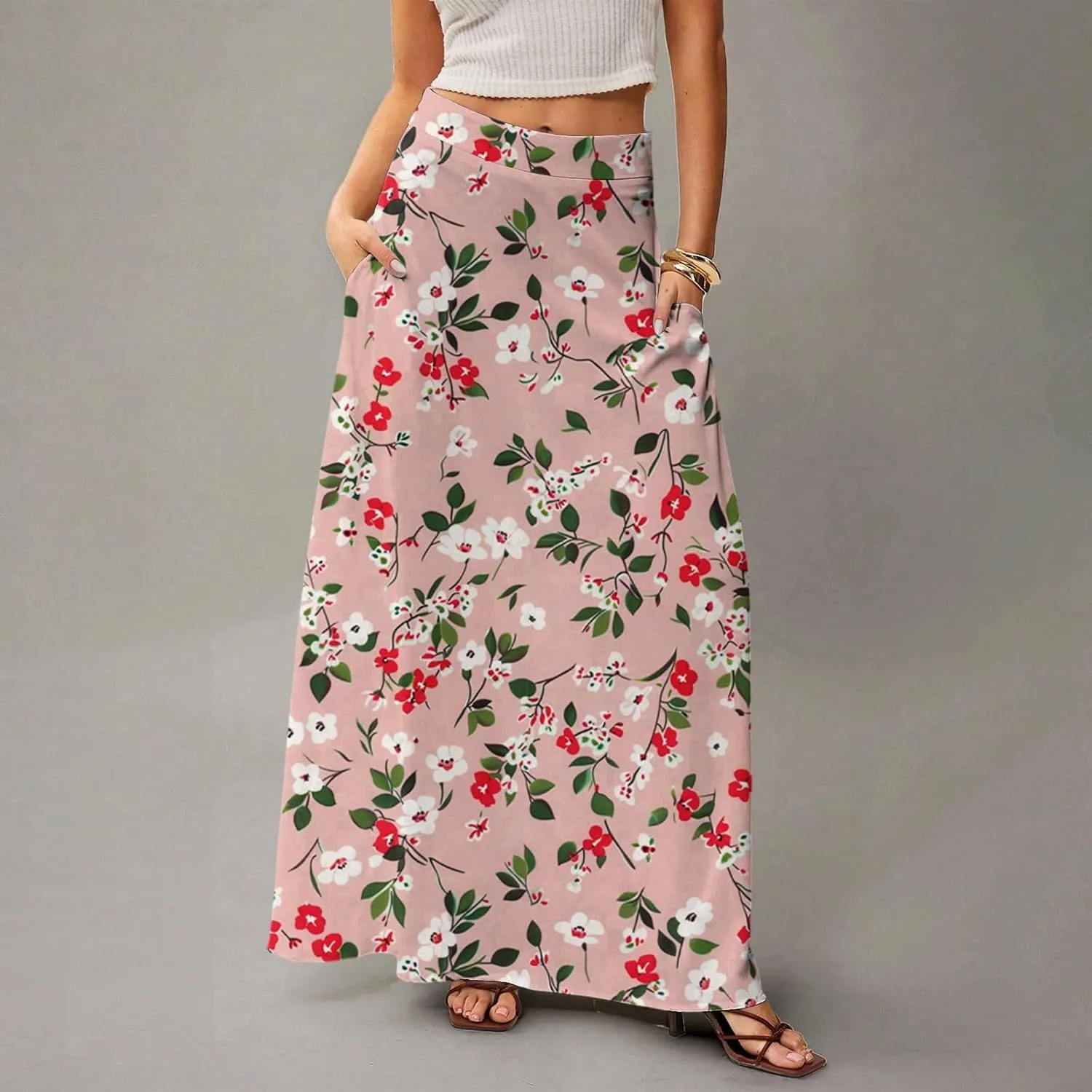 Skirts for Women Midi Length Summer High Waisted Pleated A-Line Swing Floral Long with Pockets