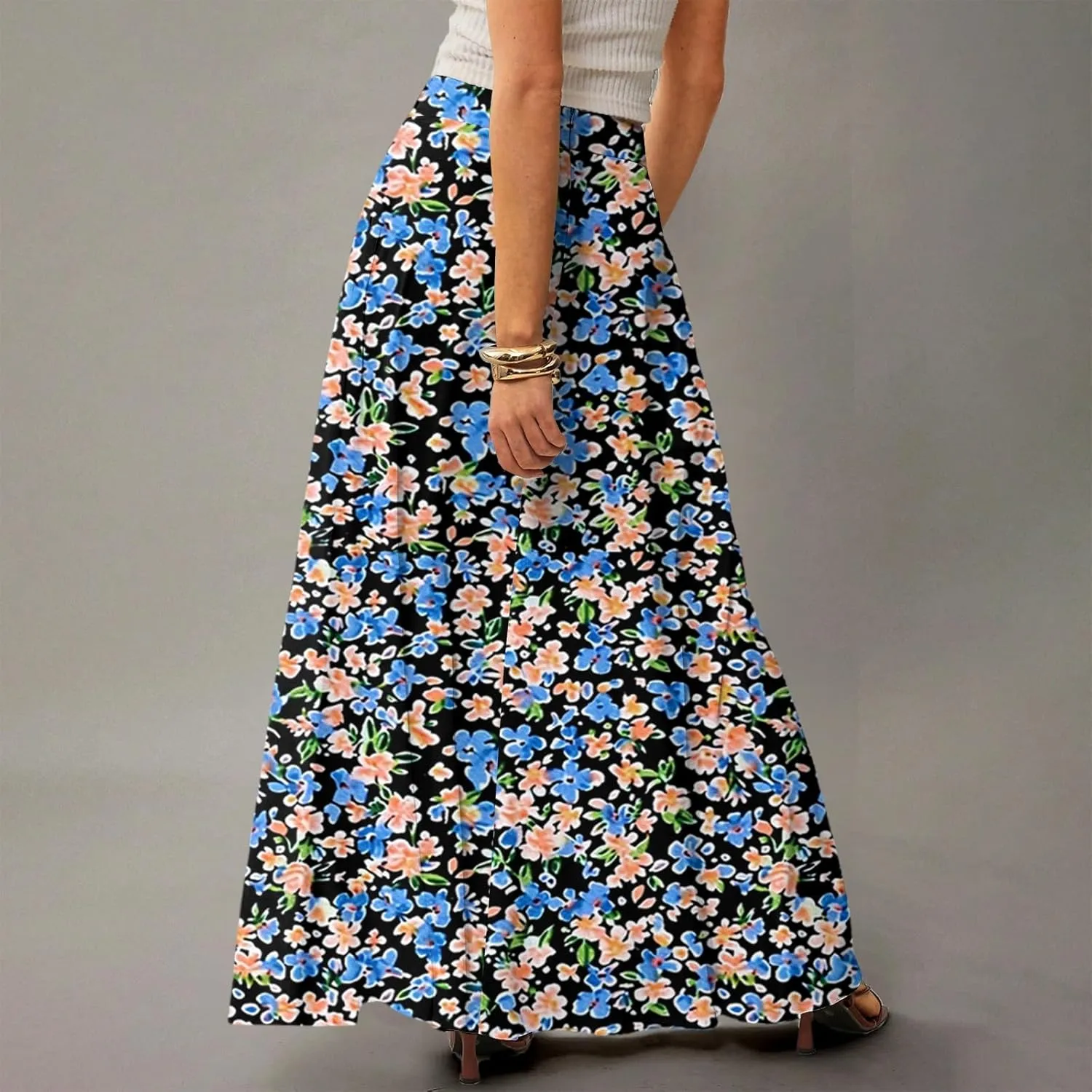 Skirts for Women Midi Length Summer High Waisted Pleated A-Line Swing Floral Long with Pockets