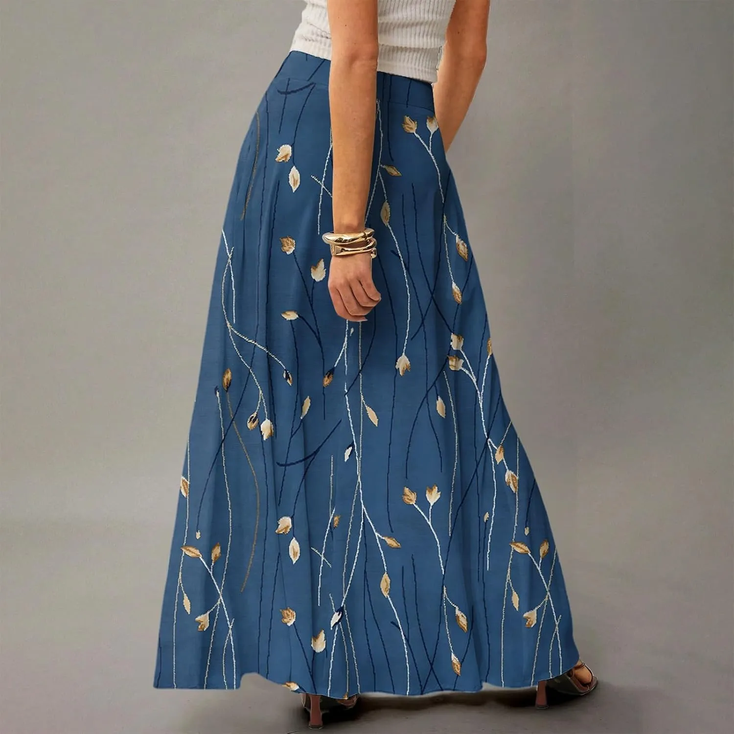 Skirts for Women Midi Length Summer High Waisted Pleated A-Line Swing Floral Long with Pockets