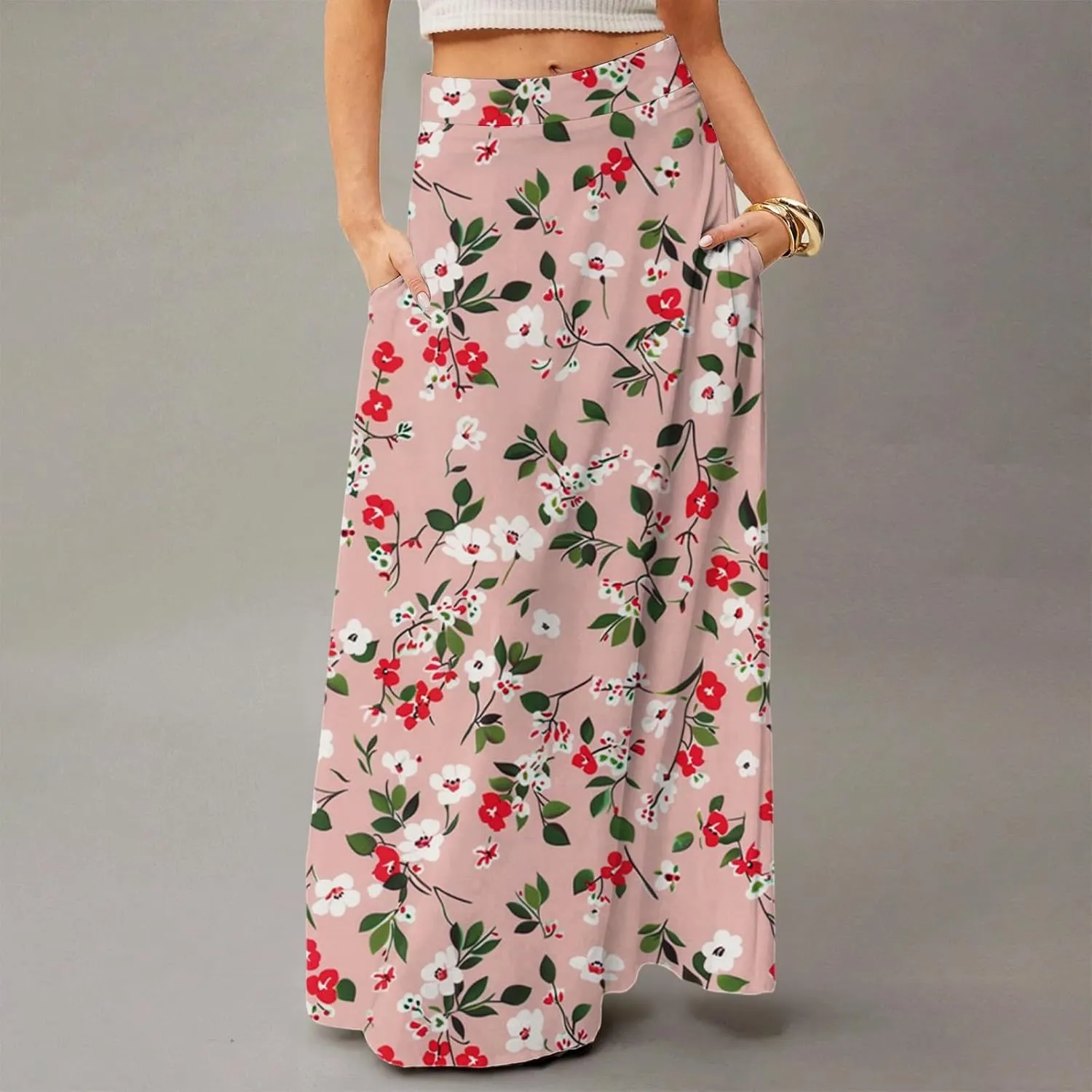 Skirts for Women Midi Length Summer High Waisted Pleated A-Line Swing Floral Long with Pockets