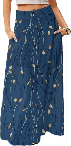 Skirts for Women Midi Length Summer High Waisted Pleated A-Line Swing Floral Long with Pockets
