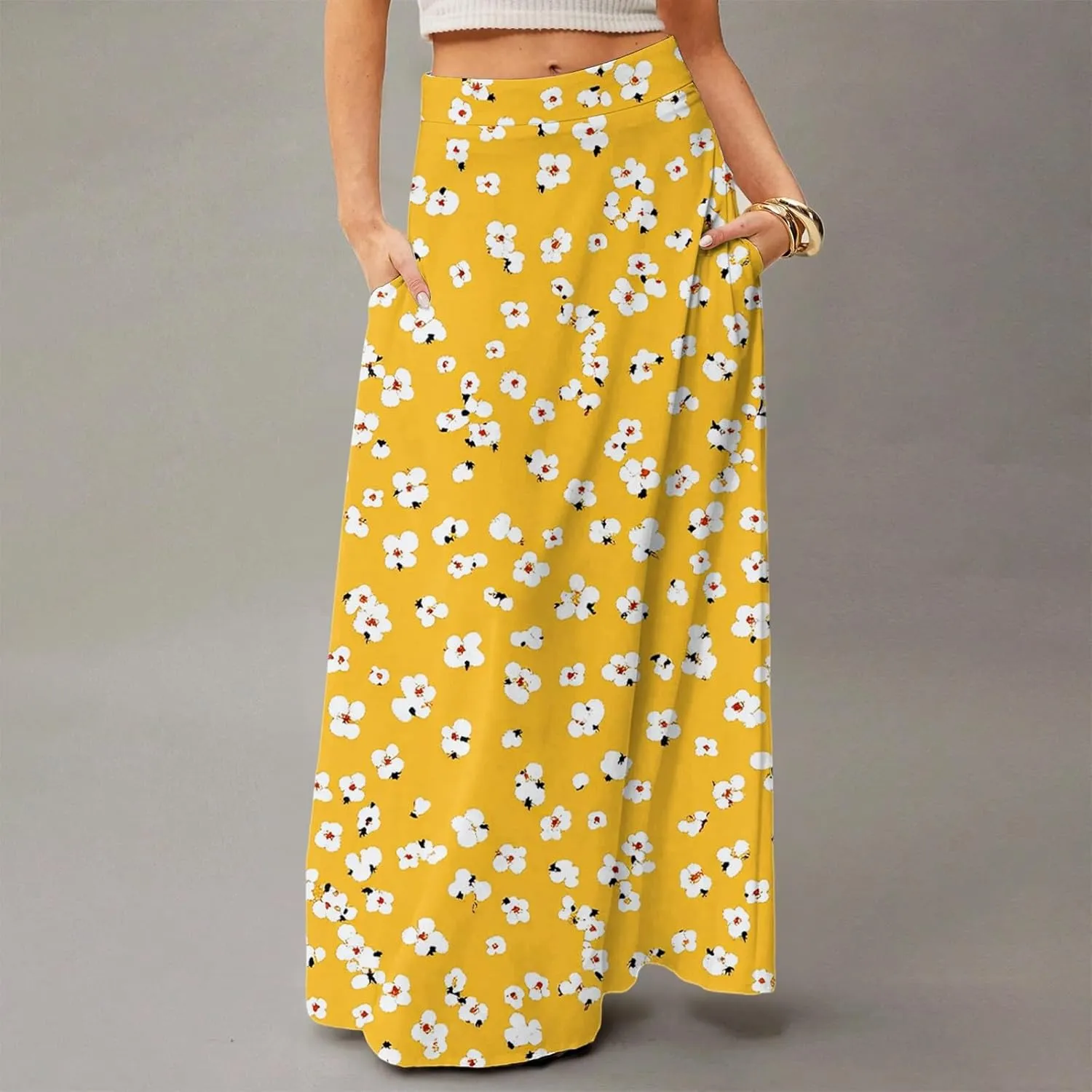 Skirts for Women Midi Length Summer High Waisted Pleated A-Line Swing Floral Long with Pockets