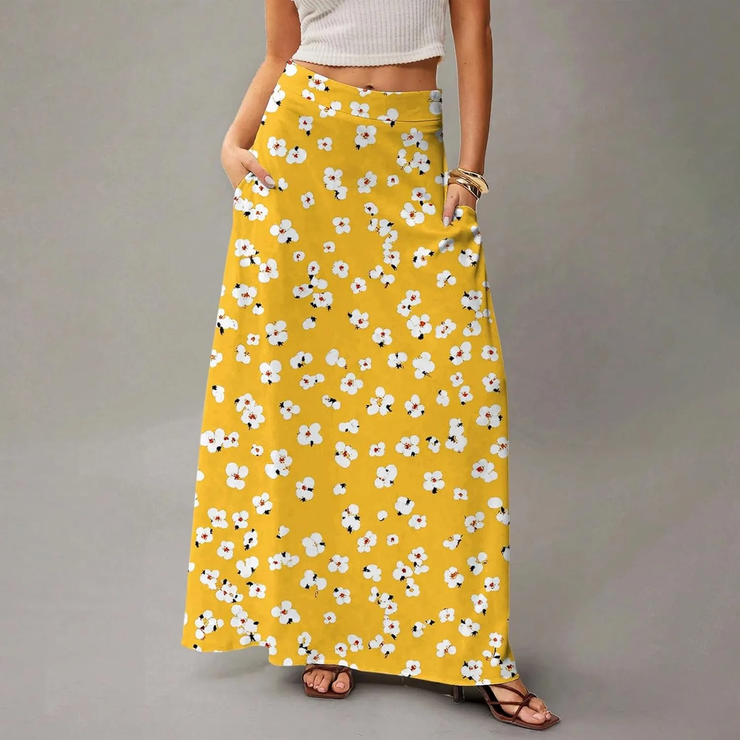 Skirts for Women Midi Length Summer High Waisted Pleated A-Line Swing Floral Long with Pockets