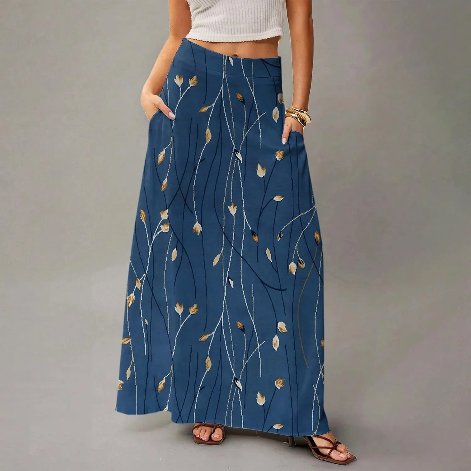 Skirts for Women Midi Length Summer High Waisted Pleated A-Line Swing Floral Long with Pockets