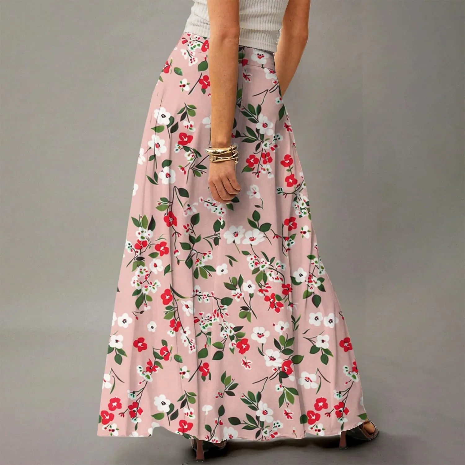 Skirts for Women Midi Length Summer High Waisted Pleated A-Line Swing Floral Long with Pockets