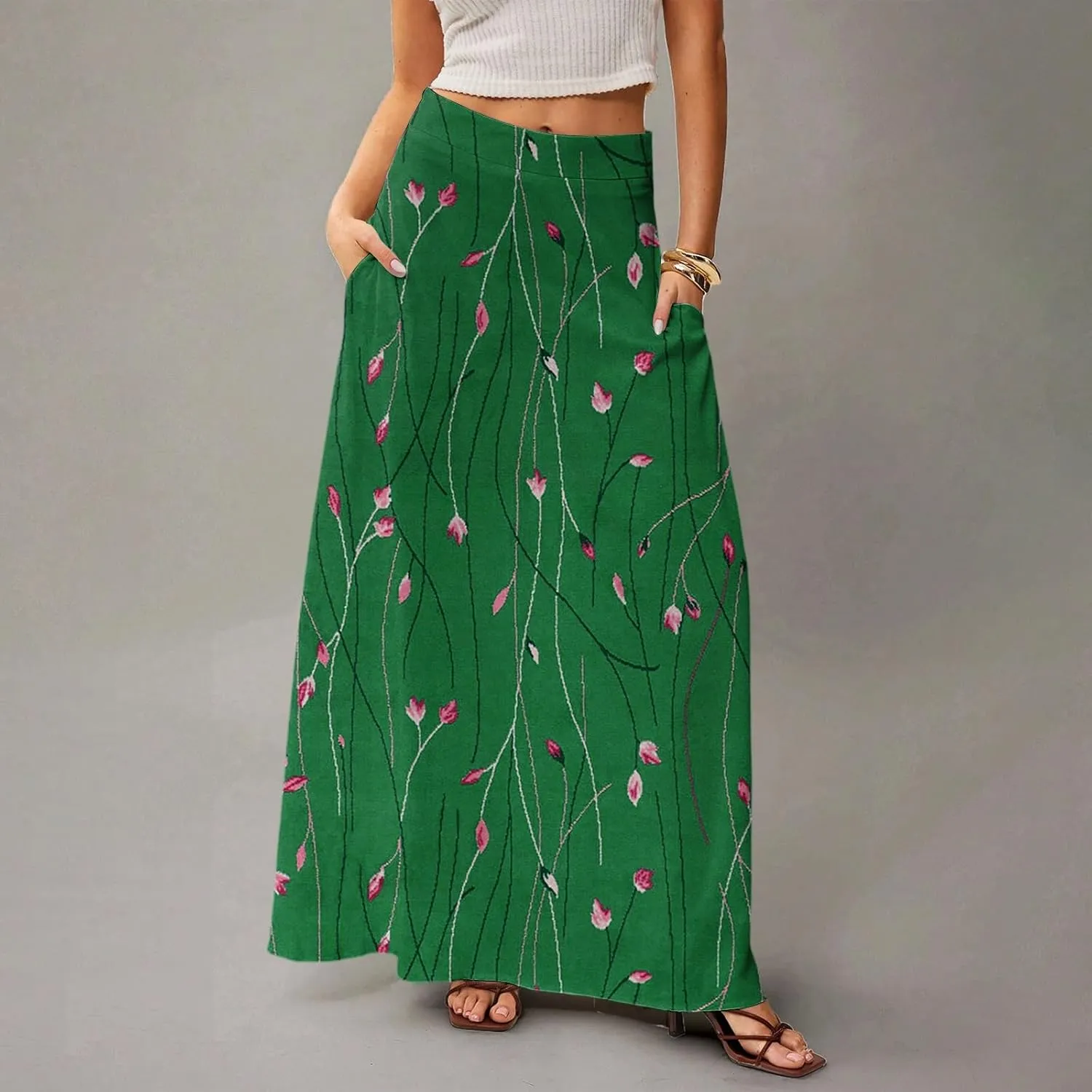 Skirts for Women Midi Length Summer High Waisted Pleated A-Line Swing Floral Long with Pockets