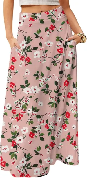 Skirts for Women Midi Length Summer High Waisted Pleated A-Line Swing Floral Long with Pockets