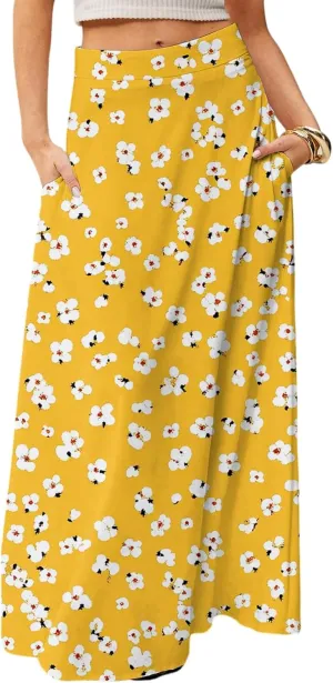 Skirts for Women Midi Length Summer High Waisted Pleated A-Line Swing Floral Long with Pockets
